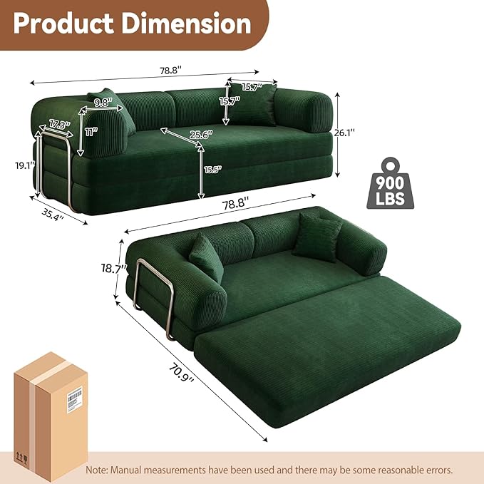 78.8 Modern Convertible Floor Sleeper Sofa Bed Corduroy Modular Boneless Couch with Silver Fixed-Shape Frame No Assembly Futon Cloud Loveseat with Pull-Out Bed for Living Room (Green)