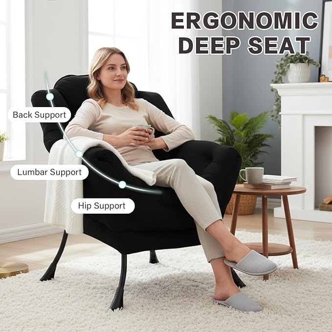 Lazy Chair Modern Soft Reading Chair Accent Contemporary Sofa Chair with Armrests and a Side Pocket for Bedroom Dorm &amp Office Black