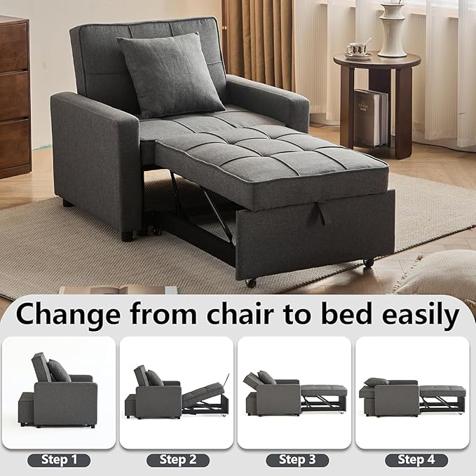 3-in-1 Convertible Sleeper Chair Pull Out Chair with Extra Pillow Lazy Chair Bed Sleeper for Adults Recliner Sofa Bed with 3 Adjustable Angles for Small Spaces Home Office Deep Gray