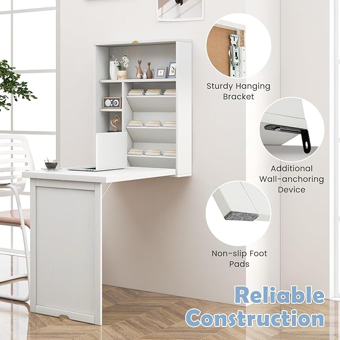 Wall Mounted Desk Fold Out Convertible Desk with Storage Shelves Space Saving Wall Folding Table Home Office Floating Desks for Small Spaces (White)