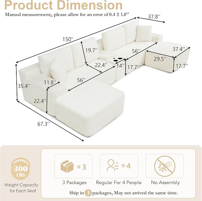 150 Oversized Modular Sectional SofaU-Shape Corduroy Couch with USB Ports and Cup HoldersWireless Charging &amp Storage BoxModular Sleeper Sofa for Living Room (Beige 150 Inch)