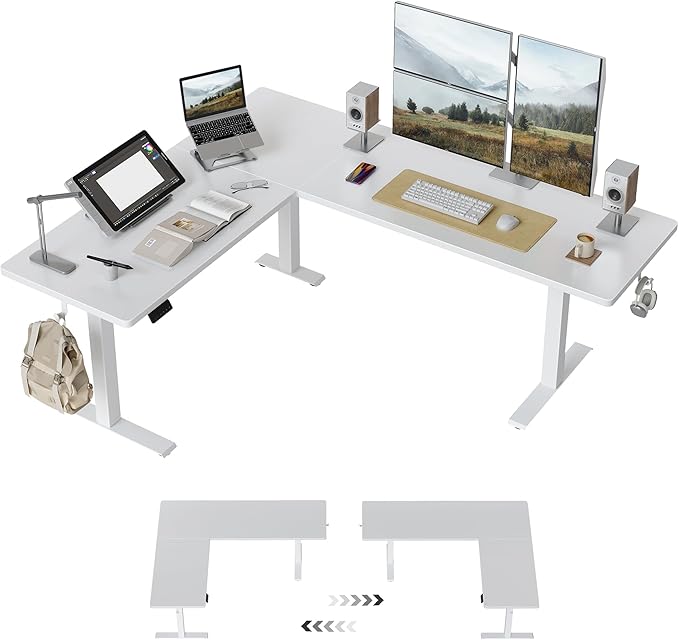 CubiCubi L Shaped Standing Desk 75 x 63 Inch Adjustable Height Electric Corner Desk Sit Stand Home Office Desk with Splice Board White(2 Packages)