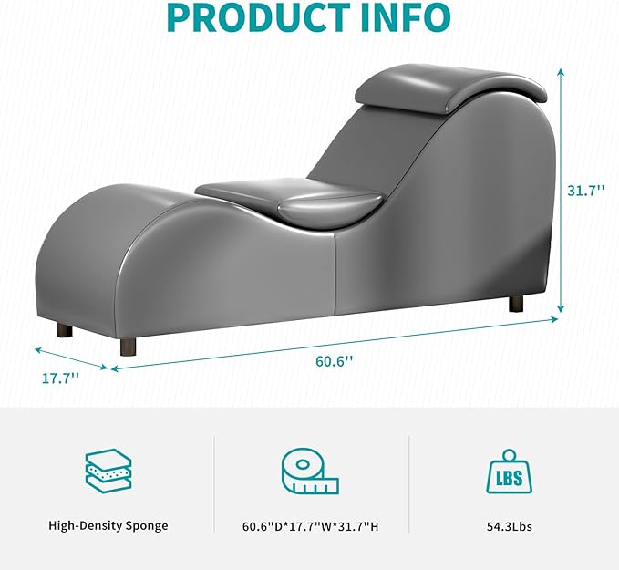 BALUS 60'' Yoga Chairs for Adults Stretching Exercising Relaxing Faux Leather &amp Wooden Sleek Yoga Sofa Chaise Lounge Chair with Adjustable Head Cushion for Living Room Apartment Office Dark Gr