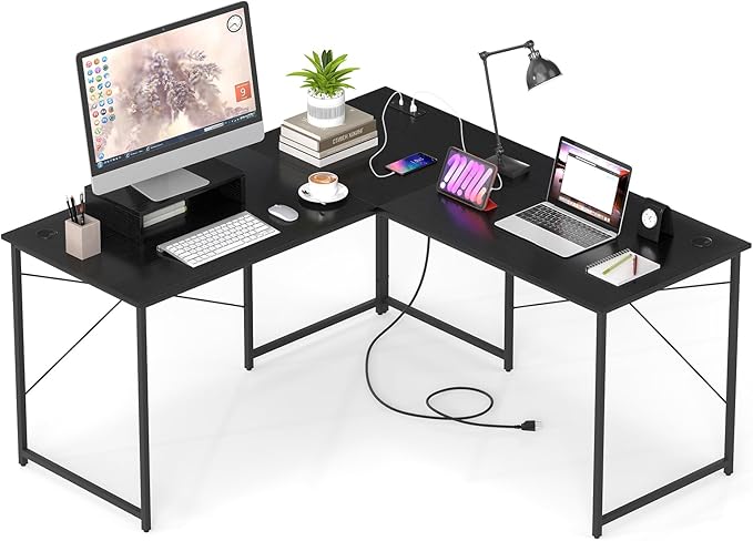 Giantex L Shaped Computer Desk 59 Inch Reversible Corner Desk with Power Outlet and USB Ports &amp Monitor Stand Wooden Writing Desk Gaming Table for Home Office Room Small Space (Black)