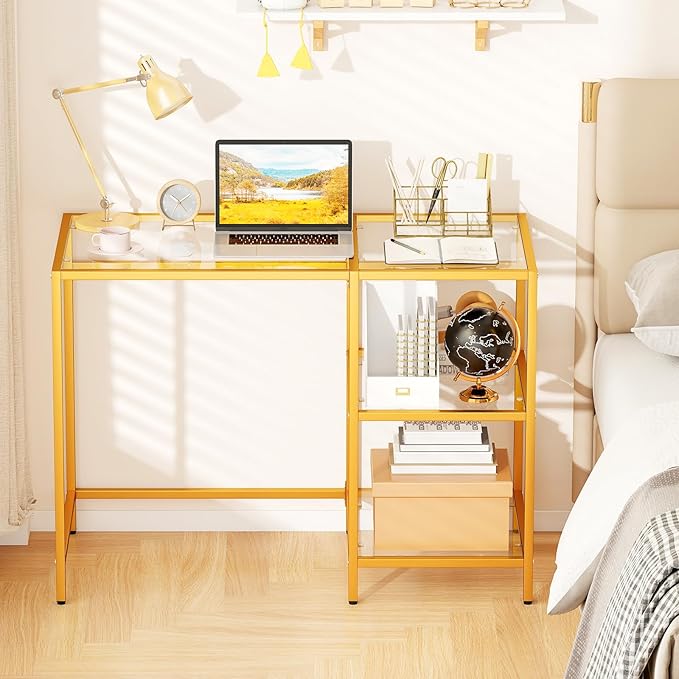 GOFLAME Computer Desk with Shelves 42” Home Office Desk with Metal Frame Tempered Glass Study Writing Table Modern Simple PC Desk for Living Room Bedroom (Golden)