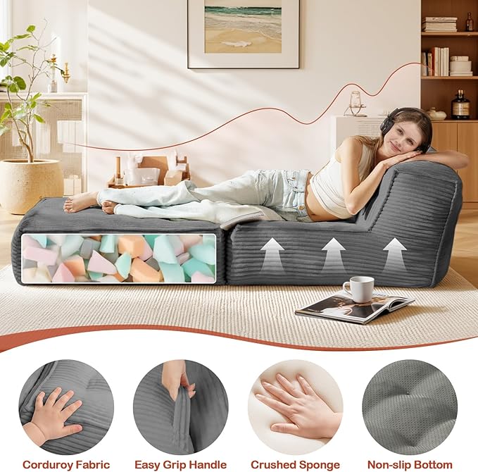 Folding Sofa Bed 5-in-1 Convertible Sleeper Reading Chair Corduroy Futon Sofa Bed Foldable Mattress with Back Support Portable Fold Out Chair Bed Comfy Floor Lounge for Living Room Bedroom