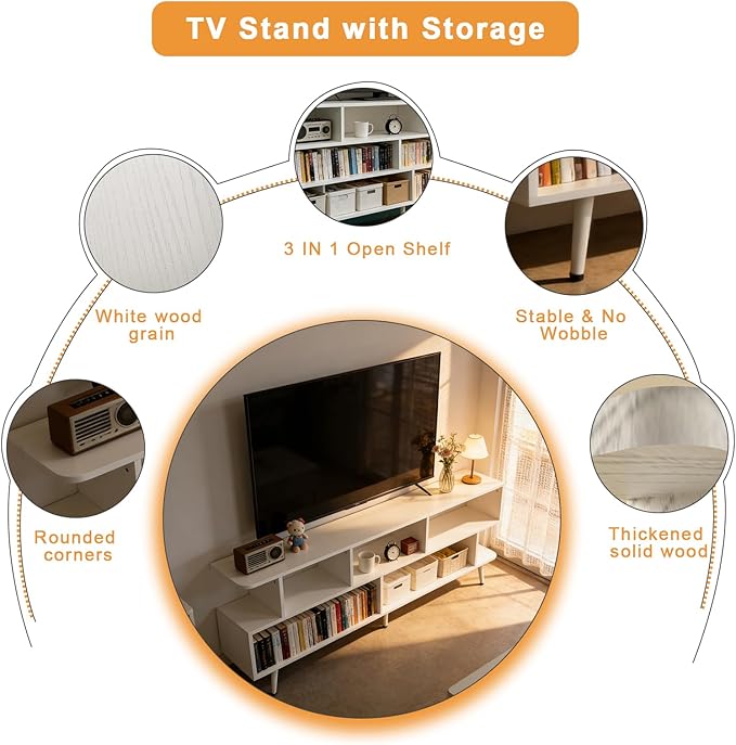 Lightdot 55 Inch TV Stand up to 65 Inch TVs Large Storage for Collection with 6 Open Shelves Sturdy Media Console Table for Living Room/Entrance/Kitchen/Sofa Cabinet Easy Assembly White