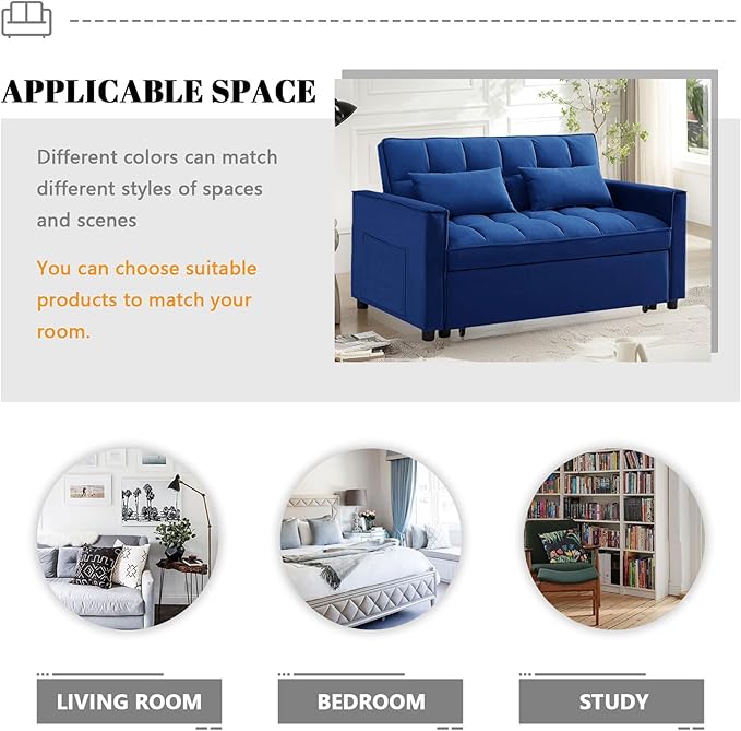 54 Convertible Sofa Bed Velvet Sleeper Sofa with Pull-Out Bed 3-in-1 Futon Couch with Reclining Backrest and Side Pocket Modern Loveseat for Living Room (Dark Blue)