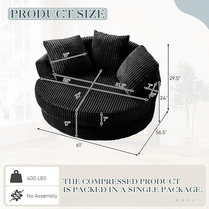 61-inch Oversized Round Chair Modern Accent Corduroy Comfy Deep Seat Boneless Foam Floor Circle Chaise Lounge Sofa Chair with 3 Pillows for Living Room Bedroom Office No Assembly Required Black