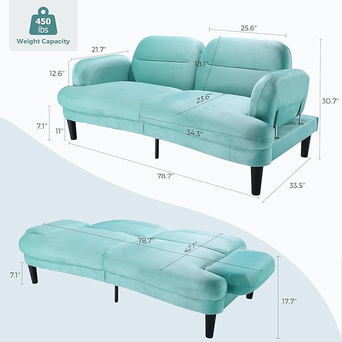 79” Futon Sofa Bed Sleeper Sofa Convertible Sofa Bed with Adjustable Backrest and Armrests Luxury Velvet Cloud Loveseat Convertible Recliner Sleeper Sofa for Living Room Bedroom Apartment Green