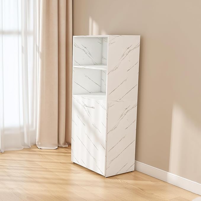 Foldable Office Desk Fold Out Convertible Hidden Murphy Computer Desk with Storage Shelves Multi-Function Folding Writing Table for for Small Spaces Home Office (White Marble)