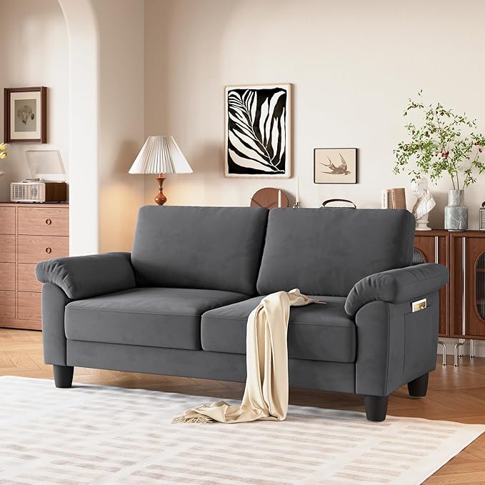 Vesgantti 70 Living Room Couch Sofa Mid Century Modern Loveseat Velvet Deep Couches for Small Spaces Bedroom Apartment Office Removable Sofa Cover Spring Cushions Easy to Install Grey