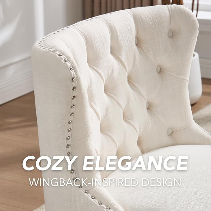 chairus Tufted Slipper Accent Chairs Set of 2 Linen Upholstered Armless Living Room Chairs with Nailhead Trim Mid-Century Modern Wingback Side Chairs for Bedroom Office Reception Beige