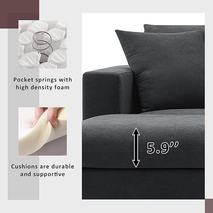 Modular Sectional Sofa for Living Room Modern L Shaped Cloud Couch with Ottoman Small Sectional Couch with Chaise Comfy 3 Seater Sofa for Small Spaces Apartment Black