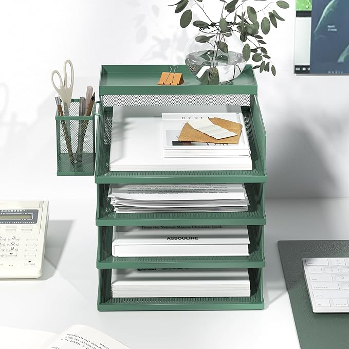 Stackable Letter Trays 4 Tier Metal Paper Tray &amp Desk Organizer Stackable File Trays for Office &amp Home Multi-Functional Document Tray with Fine Grid Design &amp Magnetic LabelsGreen