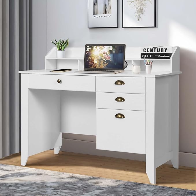 Catrimown Computer Desk with Drawers and Hutch 47 Inch Home Office Desk with File Drawers Student Girls Desks Teens Writing Table with Hutch Small Desk with Drawer for Bedroom White