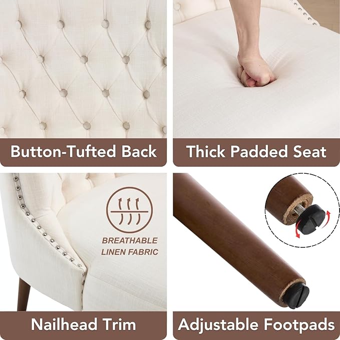 chairus Tufted Slipper Accent Chairs Set of 2 Linen Upholstered Armless Living Room Chairs with Nailhead Trim Mid-Century Modern Wingback Side Chairs for Bedroom Office Reception Beige