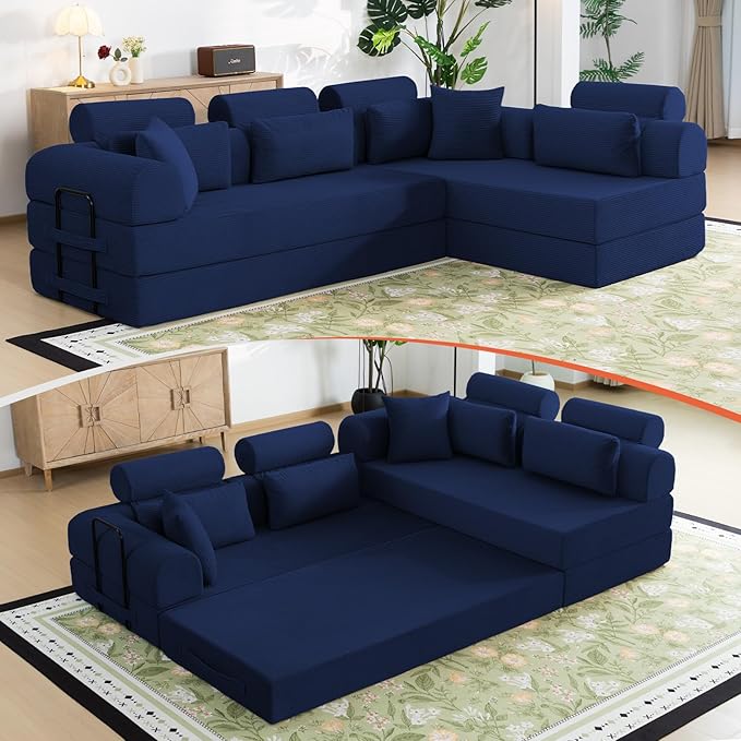 106 L-Shaped Modular Boneless Couch 2-Piece System (2×70.87) Convertible Sectional to 141.7 Straight Sofa Corduroy Couch in a Box Headrest &amp Back Pillows for Living Room Navy Blue