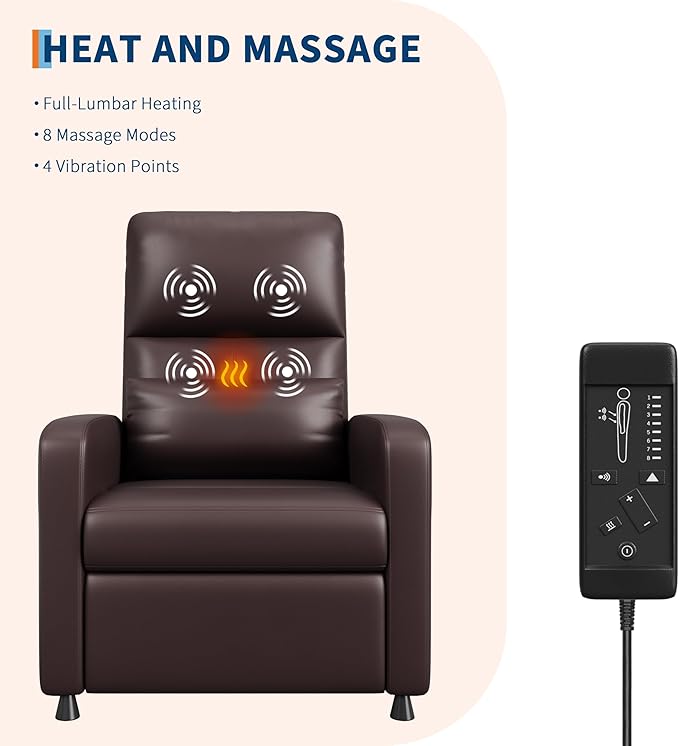 GarveeHome Power Recliner Chair - Heat and Massage Adjustable Electric Recliner Ergonomic PU Leather Single Sofa Tall Back Padded Seat Home Theater Seating for Living Room