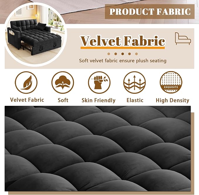 3 in 1 Convertible Sleeper Sofa Bed 52'' Velvet Pull Out Couch Bed with Comfy Pillows &amp Adjustable Backrest/Side PocketsFuton Loveseat Sleeper Sofa for Small Spaces Living Room Bedroom (Black)