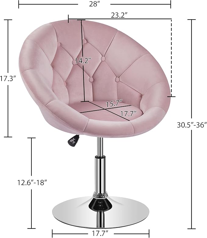 Yaheetech Adjustable Vanity Chair with Round Tufted Back Swivel Velvet Salon Chair for Bedroom Living Room Office Pink