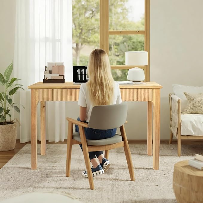 47.2'' Solid Wood Desk with 2 Drawers Mid Century Modern Home Writing Office Wooden DeskVintage Computer Table with Storage for Living Room Bedroom Fluted Design (Natural 47.2 Inch)