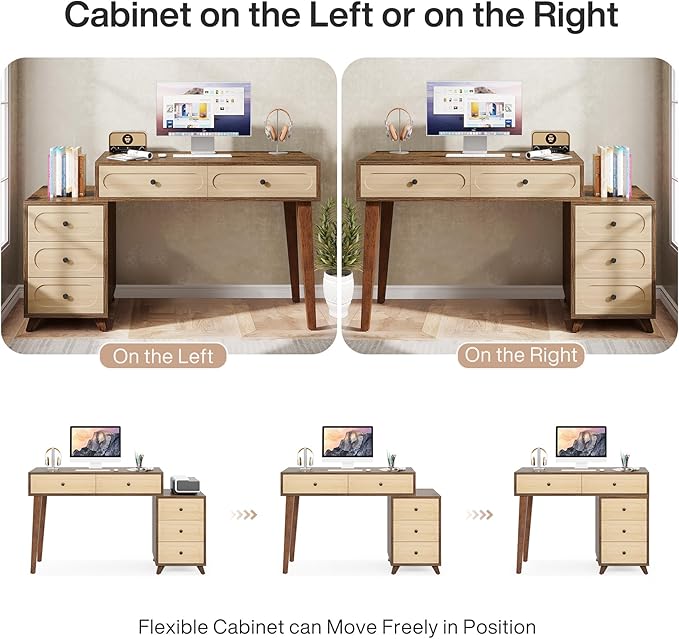 Tribesigns 51-Inch Computer Desk with 5 Drawers Rustic Brown Office Desk with Reversible Drawer Cabinet Wooden Study Writing Table Workstation with Storage for Small Spaces