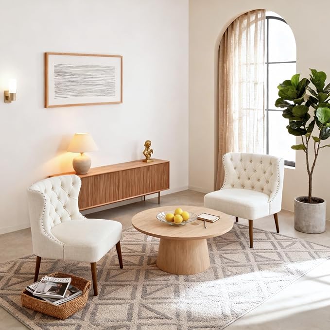 chairus Tufted Slipper Accent Chairs Set of 2 Linen Upholstered Armless Living Room Chairs with Nailhead Trim Mid-Century Modern Wingback Side Chairs for Bedroom Office Reception Beige