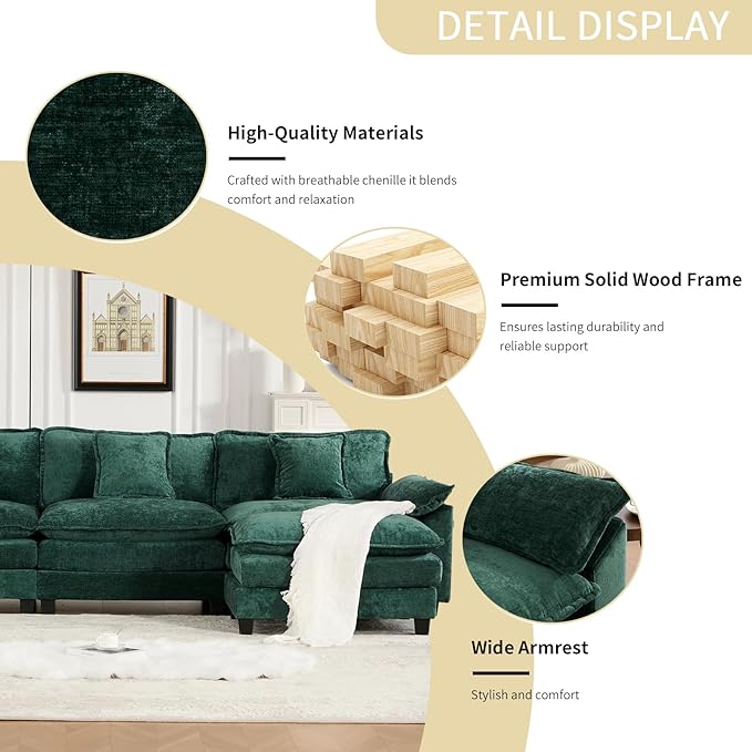 117.3” Green Modular Sectional Sofa 3 Seater Large Sectional Couches for Living Room Chenille Fabric Oversized Cloud Couch with Ottoman Deep Seat Wide Armrest Home Sofas Set Sofá Moderno L Shaped