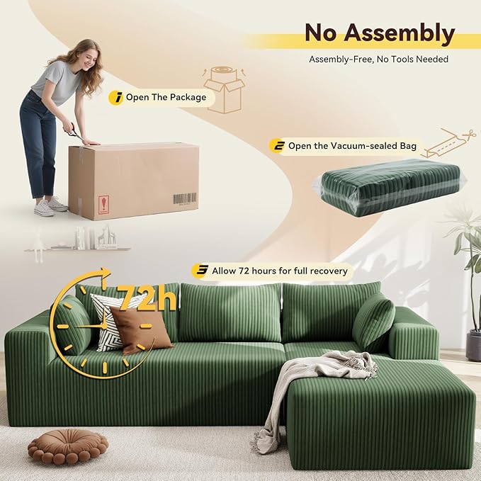 Boneless Couch with L-Shape Chaise 105 Couches for Living Room Corduroy Boneless Sofa w/27.56 Deep Seat Sectional Comfy Couch No Assembly Sofa Apartment/Bdrm Friendly Green