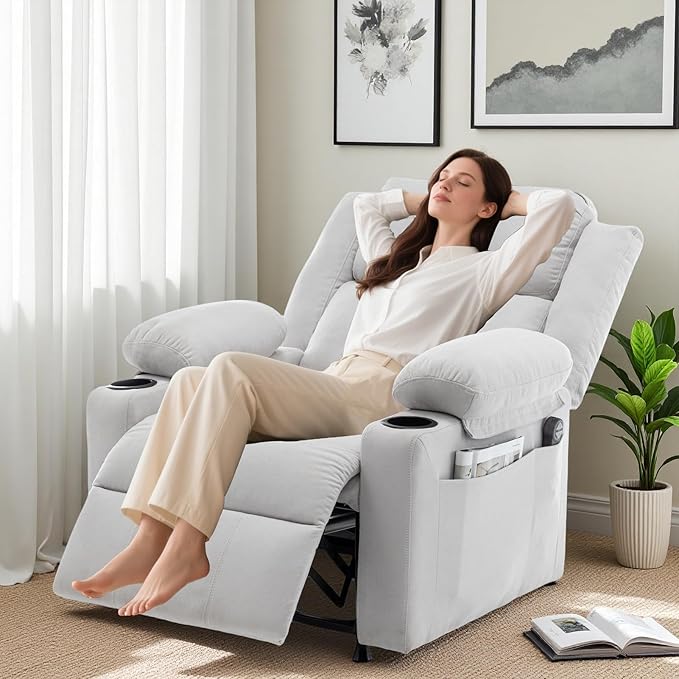 Power Recliner Chair Upholstered Recliner Heating Vibration Massage with Side Pockets Side Table &amp 2 Cup Holders for Living Room &amp Home Theater (Grey)