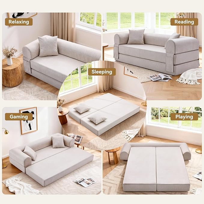 Convertible Sleeper Sofa Bed78.5 Inch Faux Leather Futon Couch with Pillows &amp Storage Pocket5-in-1 Folding Sofa Bed Queen with Pull Out BedsBoneless Couches for Living RoomCouch in a BoxBeige