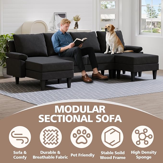 115 Modular Sectional Sofa U Shaped Sectional Comfy Couch for Living Room Convertible Modular Sofa Couch with Ottomans and Chaise High Supportive &amp Soft Sponge 6 Seats Black