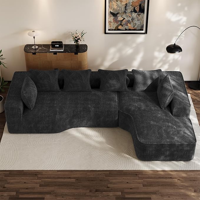134'' Cloud Couch Modular Sectional Sofa Comfy L Shaped Couches for Living Room Fluffy Chenille 5 Seater Boneless Couch with Oversized Chaise &amp Deep Seat No Assembly Required(Black)