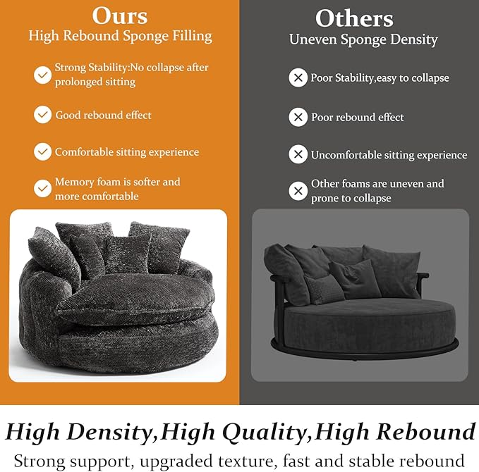 54 Oversized Round Chair Couch Lounge Chaise Indoor Comfy Boneless Sofa for Living Room Cloud Large Circle Couch Chair with 5 Pillows Fluffy Modern Sleeper Sofa Bed for Reading (Dark Grey)