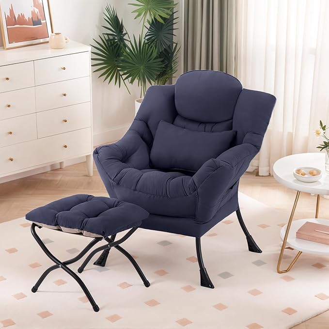 Lazy Chair with Ottoman Modern Lounge Chair with Lumbar Pillow Accent Cozy Reading Armchair and Folding Footstool for Bedroom Dorm Living RoomNavy