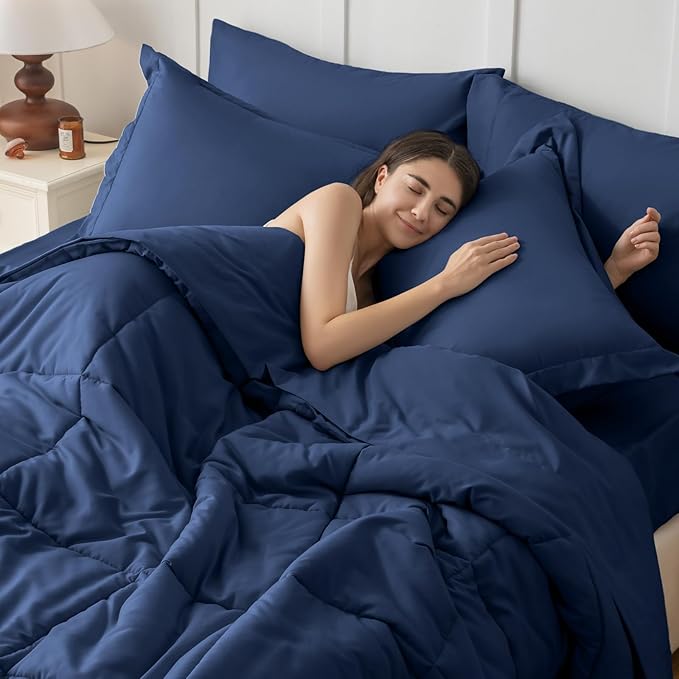 JOLLYVOGUE Full Comforter Set Ultra-Soft Bed in a Bag Full Size 7 Pieces Oeko-TEX Certified Bedding Set with Down Alternative Comforter Sheets Pillowcases &amp Shams Navy