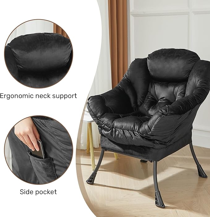 HollyHOME Lazy Chair with Armrest and Side Pocket Comfy Accent Lounge ChairLeisure Sofa Armchair for Living Room Bedroom Dorm or Small Spaces Oversized Reading Sofa ChairVelvet Black