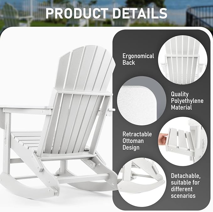 FUNBERRY Adirondack Rocking Chair Multifunctional 4-in-1 Porch Rocker with Retractable Ottoman &amp Cup Holder HDPE All Weather