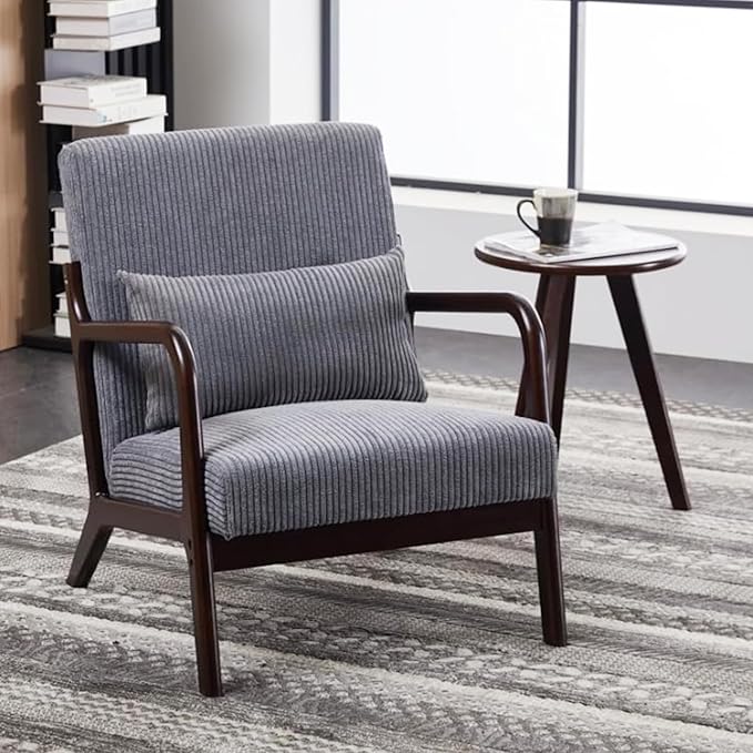 Mid Century Modern Accent Chair with Side Table Upholstered Corduroy Armchair with Lumbar Pillow Solid Rubberwood Frame for Living Room Bedroom Reading Nook Dary Grey/Walnut