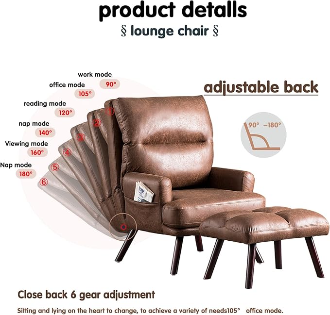 HOOOWOOO Living Room Recliner Chair and Ottoman SetFaux Suede Leather Accent Chairs with OttomanComfy Mid Century Modern Reclining Lounge Chair for Room BedroomDark Brown