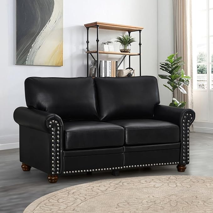 3 Piece Faux Leather Sofa SetMid Century Modern Couch and Loveseat Sets with StorageComfy Deep Seat Sofa with Nailhead Trim &amp Rolled Arm for Living RoomOffice(Armchair+Loveseat+3 SeaterBlack)