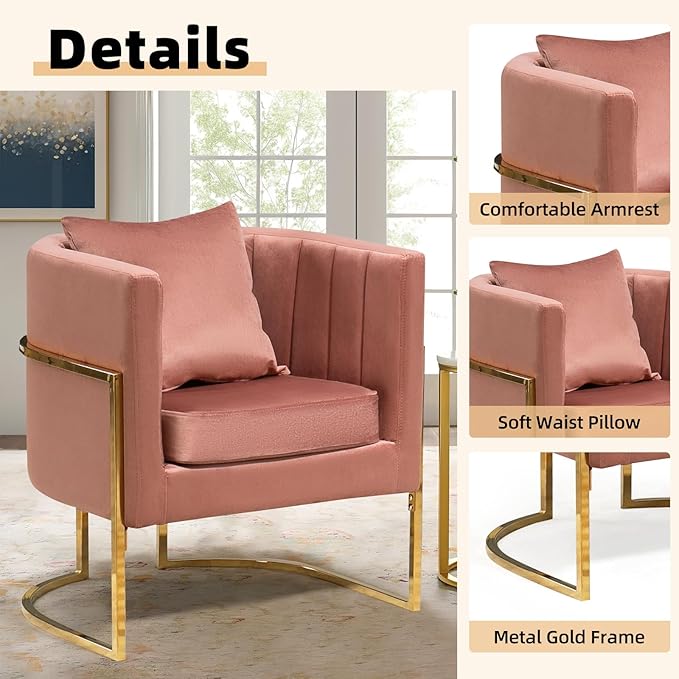Velvet Modern Accent Chair Upholstered Barrel Armchair Mid Century with Pillow for Living Room Comfy Single Vanity Chair with Metal Gold Legs for Bedroom Pink