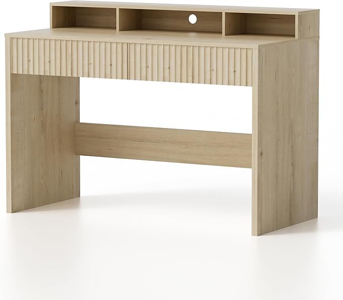 Fluted Executive Desk with Storage Shelf 47 Modern Wood Home Office Desk with Long Monitor Stand &amp 2 Drawers Writing Study Computer Table Vanity Desks Light Oak