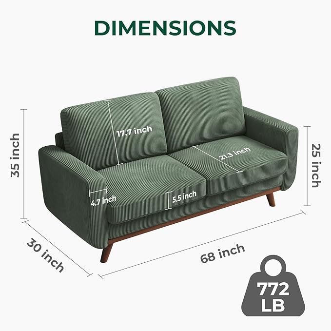 Vesgantti 68 Loveseat Sofa - Green Comfy Corduroy with Spring Cushion Solid Wood Frame Modern Deep Seat Bedroom &amp Living Room Office Couch
