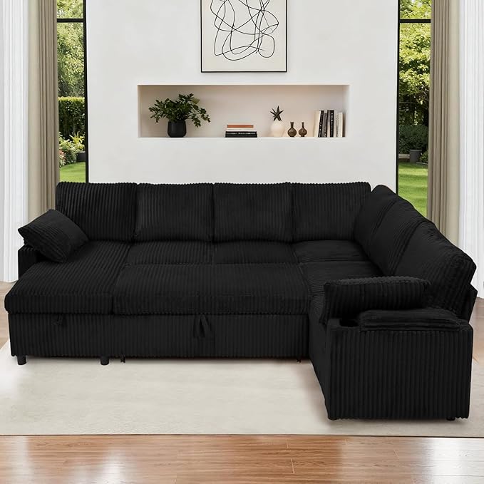 110” Corduroy Sectional Sofa w/Pull Out Bed &amp Storage Chaise Reversible U Shaped Sofa w/Storage Armrests &amp Cup Holders Corner Couch w/USB Charging Port &amp Throw Pillow for Living Room Bl