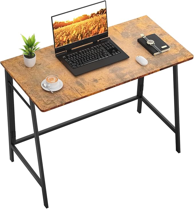 ASTARTH Folding Desk-40 Inch Writing Computer Desk Space Saving Foldable Table Modern Simple Style PC Table Black Metal Frame-Home Office Desk No Assembly Required Rustic Brown