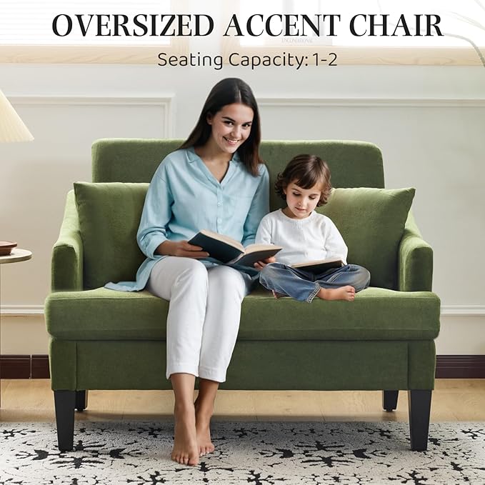 Bezseller Oversized Accent Chairs Set of 2 41'' Wide Seat Comfy Armchair with 2 Pillows Upholstered Big Reading Chair Modern Single Sofa Chair for Living Room Bedroom Apartment Office Green
