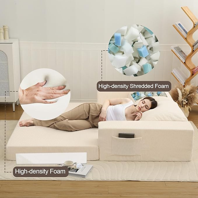 COMAX Convertible Sofa Bed Queen Folding Fold Out Couch Bed Floor Futon Couch Corduroy Sleeper Mattress with Back Pillows Boneless Sofa Comfy Lounge Loveseat for Living Room Bedroom Beige