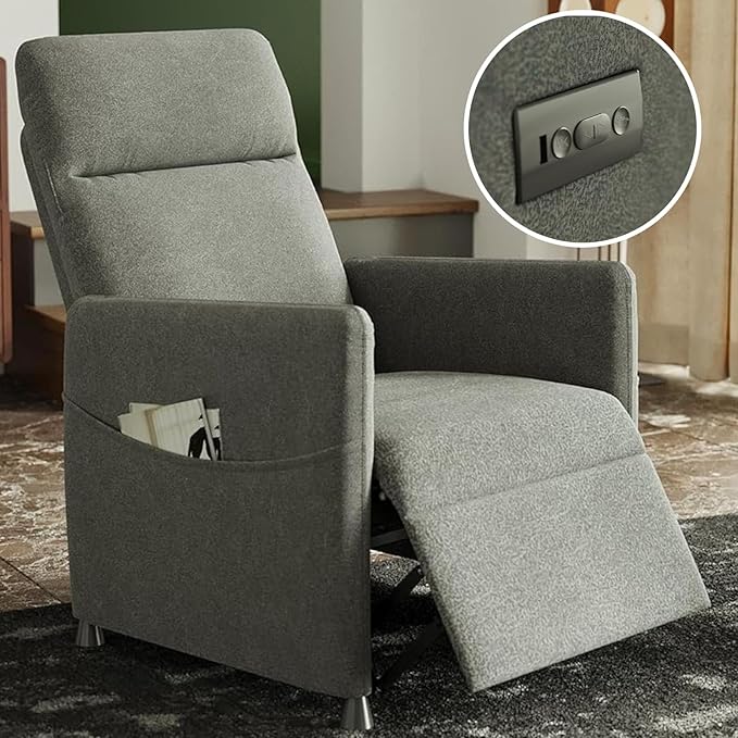 Black Power Recliner Chairs for Adults Lash Chair &amp Lay Flat Recliner for Small Spaces Living Room Bedroom Offices Theater Adjustable Footrest &amp Backrest/Side Pockets/USB (Dark Grey)